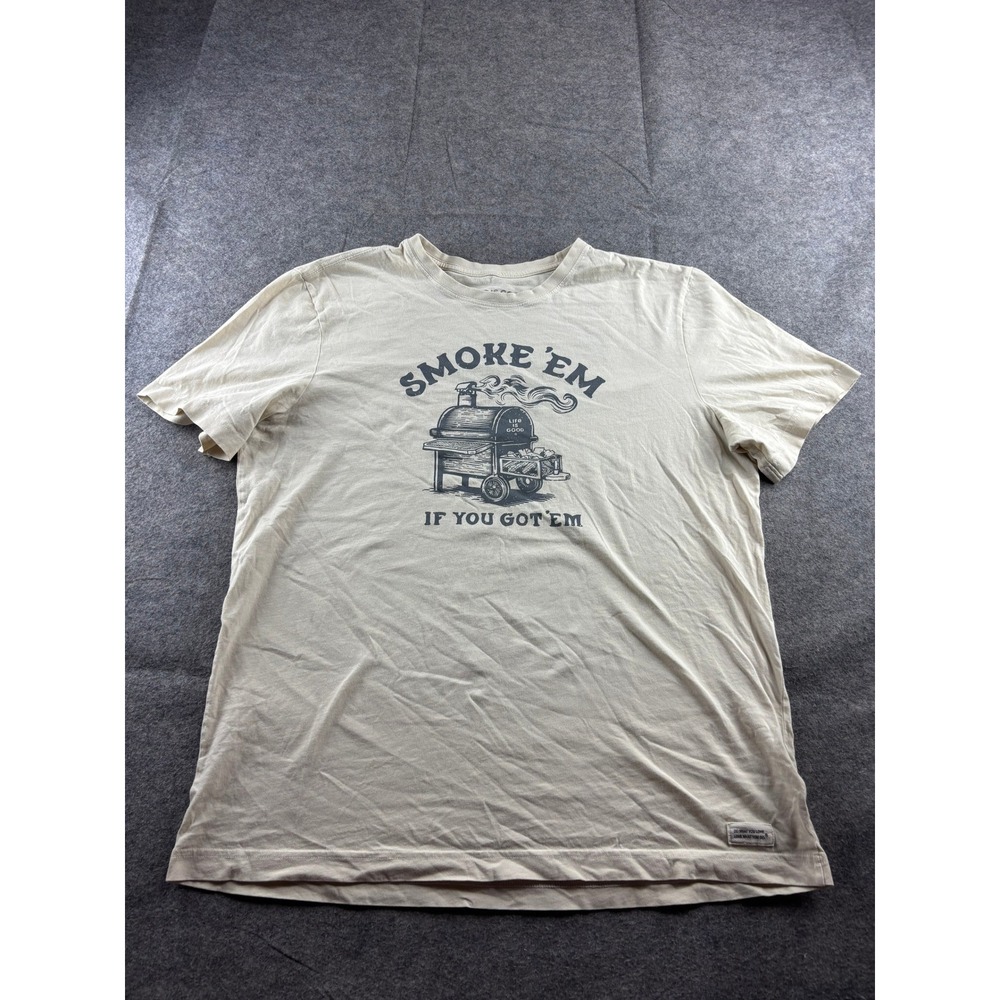 Life Is Good Mens L Smoke Em If You Got Em BBQ Grill Crusher-Lite T-Shirt Cream